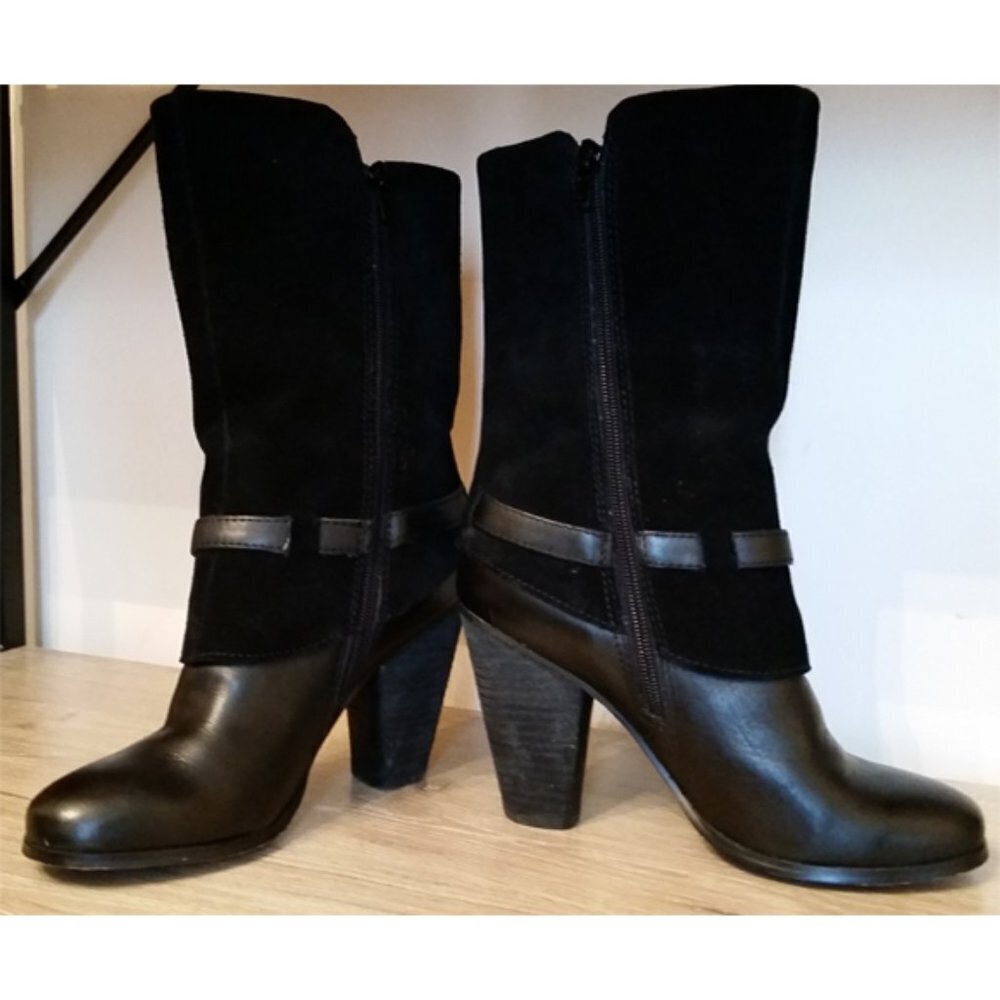 𝅺Kensie Hunter Size 7 Black Suede Leather Zip Boots Chunky Heel Buckle Wrap. - Picture 4 of 9